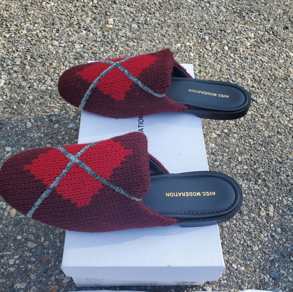 NIB AVEC MODERATION Zermatt Argyle Red Knit Leather Slide Slippers Sandals sz 41 - Picture 5 of 8